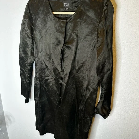 Eileen Fisher Olive Green Silk Linen Long Sleeves Duster dark green medium - Picture 4 of 12